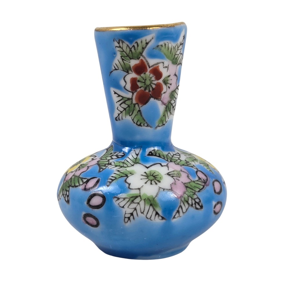 Enesco Bud Vase Miniature Floral Hand Painted Blue Gold Rim Japan 2.25" Vtg 60s